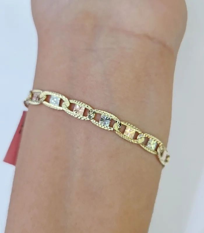 Bracelets Gold and Diamond 14k valentino Trio Gold Womens Link Bracelet 8 inches 5mm Diamond Cuts