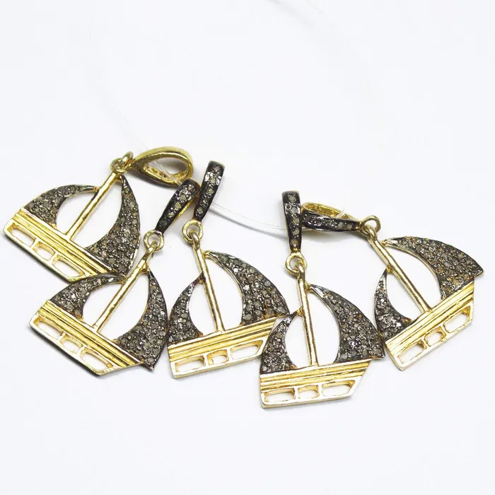Charm Necklaces Beads Supplies USA 1pc Pave Diamond Sailing Boat Charm 925 Sterling Silver Gold Vermeil Charm Pendant 30mmx17mm