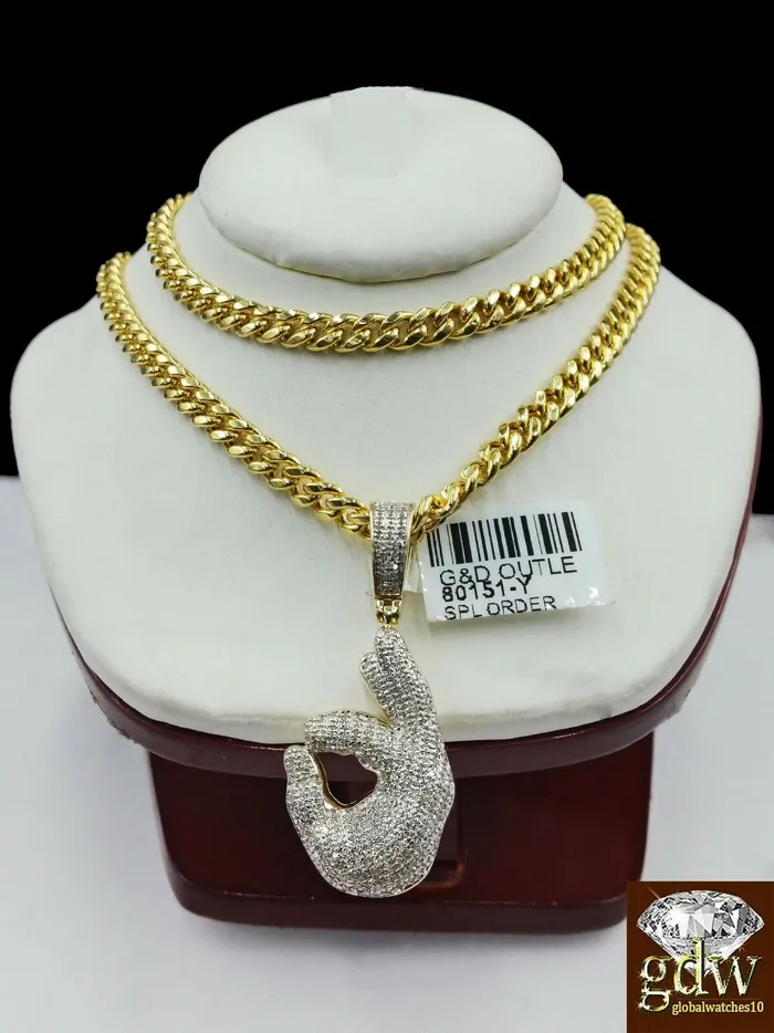 Charm Necklaces Gold and Diamond Real 10k Yellow Gold and Diamond Ok Hand Emoji Charm with 22 Miami Cuban Chain Charm Necklaces Gold and Diamond Real 10k Yellow Gold and Diamond Ok Hand Emoji Charm with 22 Miami Cuban Chain