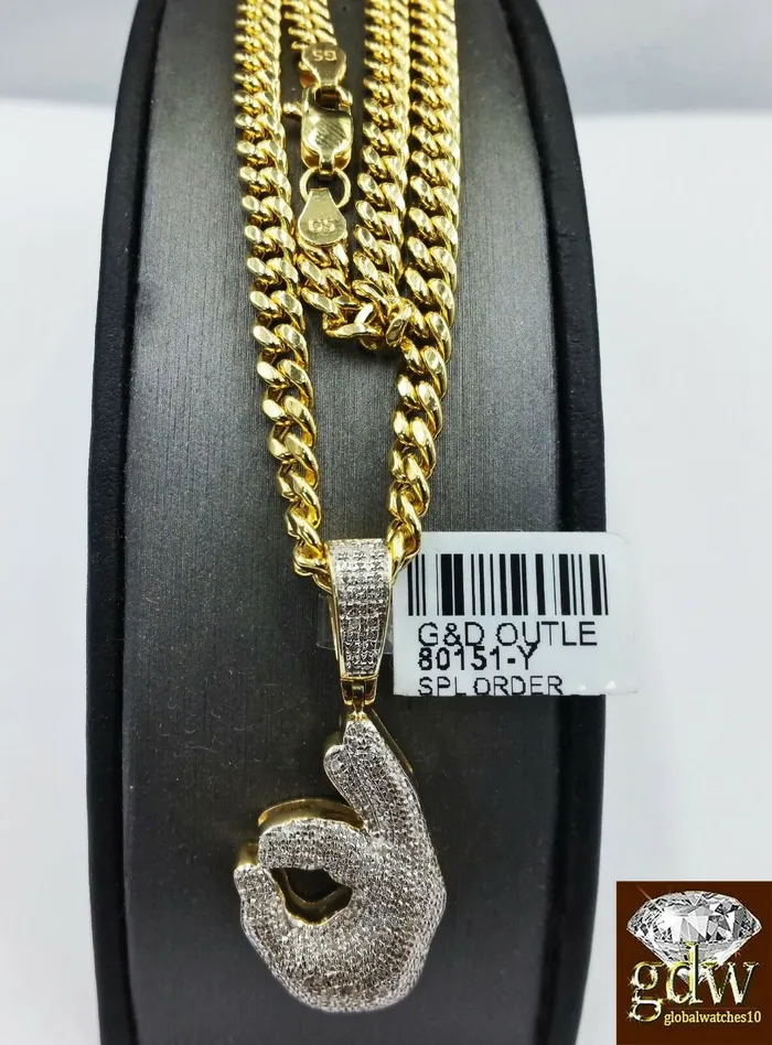 Charm Necklaces Gold and Diamond Real 10k Yellow Gold and Diamond Ok Hand Emoji Charm with 22 Miami Cuban Chain