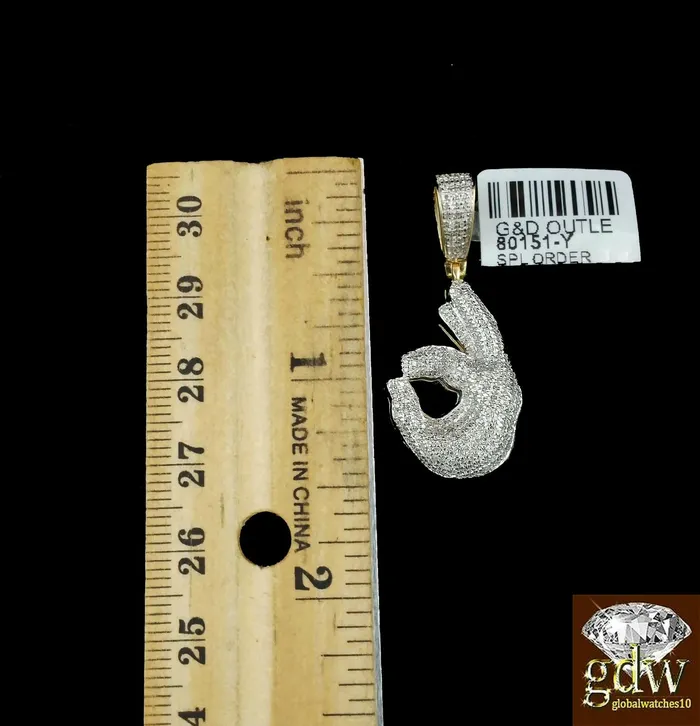 Charm Necklaces Gold and Diamond Real 10k Yellow Gold and Diamond Ok Hand Emoji Charm with 22 Miami Cuban Chain