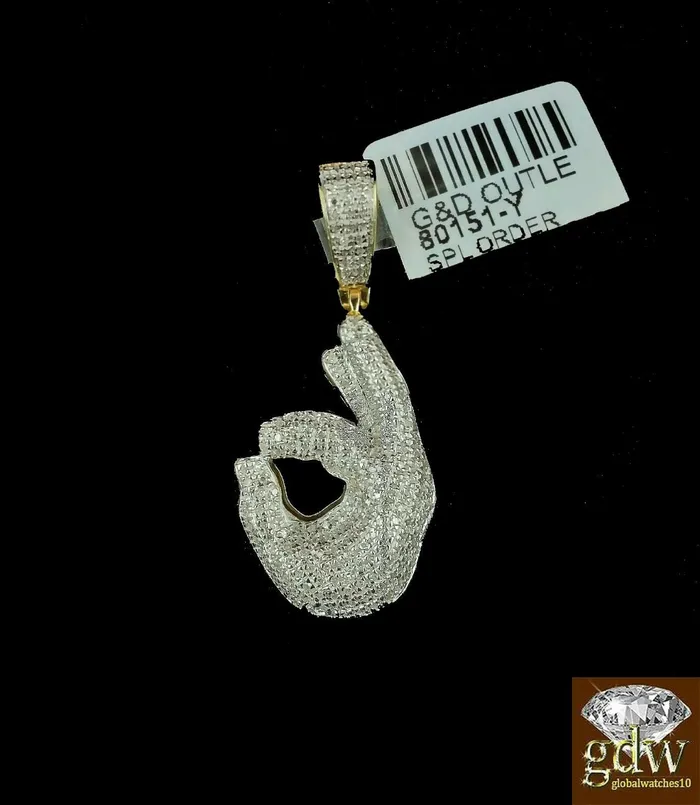 Charm Necklaces Gold and Diamond Real 10k Yellow Gold and Diamond Ok Hand Emoji Charm with 22 Miami Cuban Chain