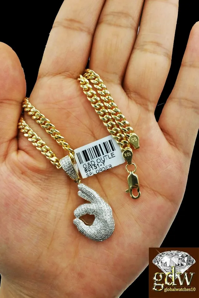 Charm Necklaces Gold and Diamond Real 10k Yellow Gold and Diamond Ok Hand Emoji Charm with 22 Miami Cuban Chain