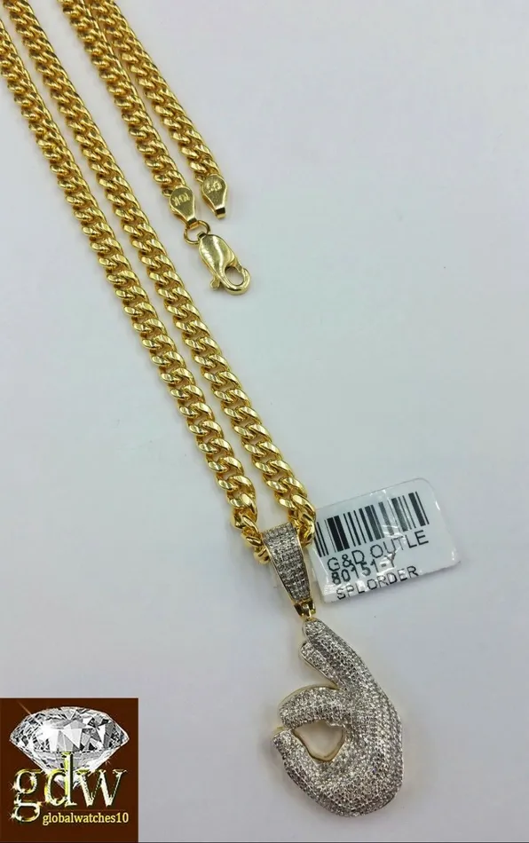 Charm Necklaces Gold and Diamond Real 10k Yellow Gold and Diamond Ok Hand Emoji Charm with 22 Miami Cuban Chain