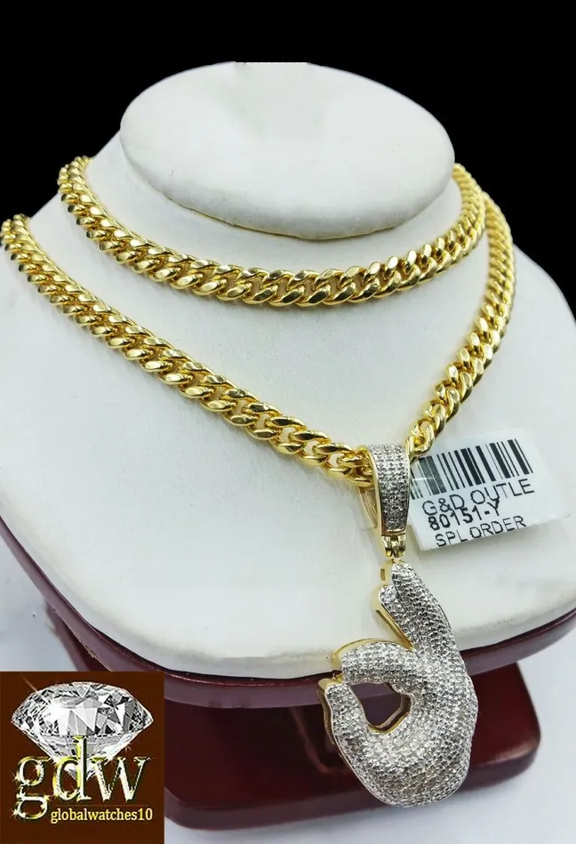 Charm Necklaces Gold and Diamond Real 10k Yellow Gold and Diamond Ok Hand Emoji Charm with 22 Miami Cuban Chain