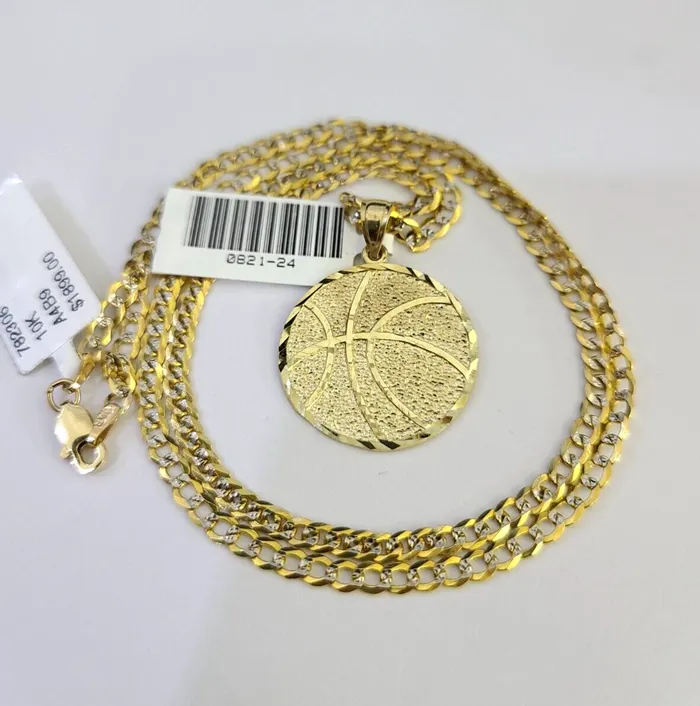 Gold and Diamond 10k Solid Gold Cuban Curb Chain Basket Ball Pendant 25mm 1826 SET Necklace Necklaces Gold and Diamond 10k Solid Gold Cuban Curb Chain Basket Ball Pendant 25mm 1826 SET Necklace Necklaces