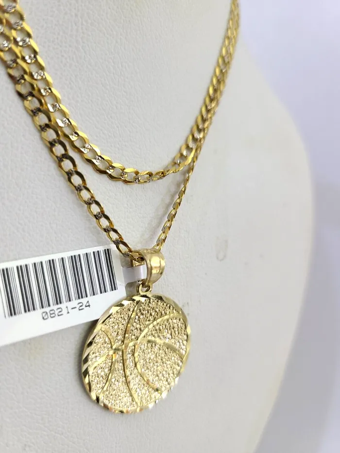 Gold and Diamond 10k Solid Gold Cuban Curb Chain Basket Ball Pendant 25mm 1826 SET Necklace Necklaces