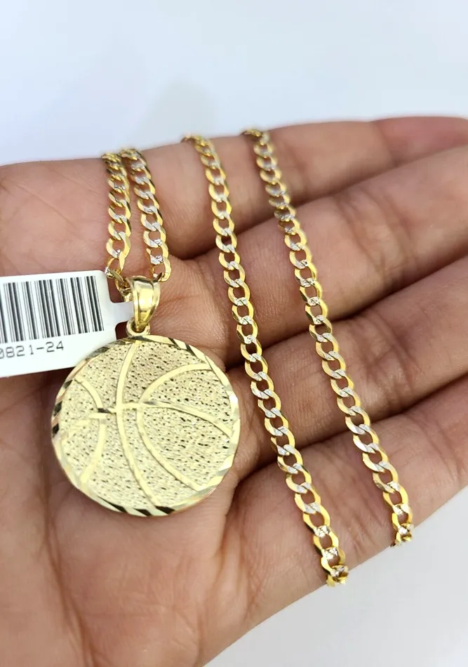 Gold and Diamond 10k Solid Gold Cuban Curb Chain Basket Ball Pendant 25mm 1826 SET Necklace Necklaces