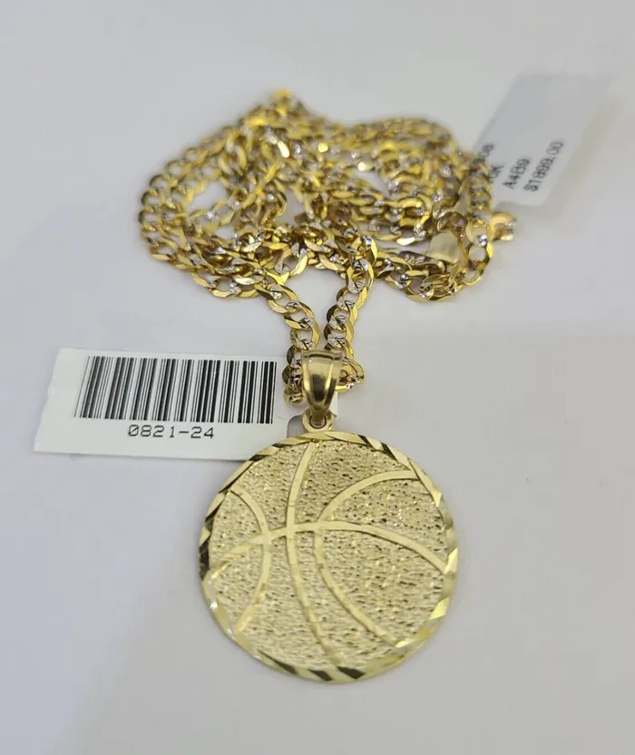 Gold and Diamond 10k Solid Gold Cuban Curb Chain Basket Ball Pendant 25mm 1826 SET Necklace Necklaces