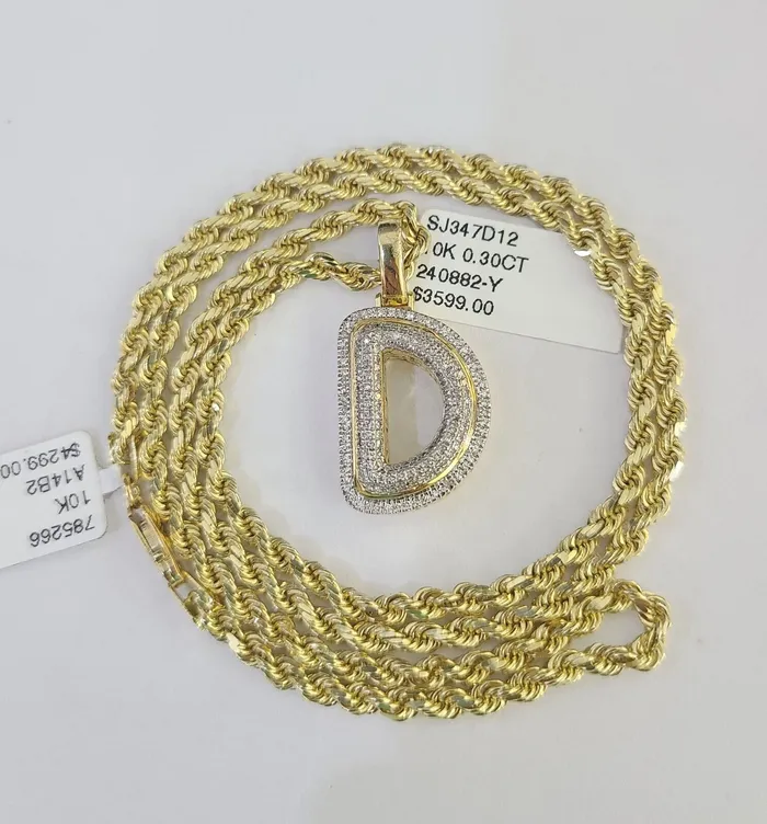 Gold and Diamond Necklaces 10k 3mm Rope Solid Chain D Diamond Pendant Alphabet 1828 Gold Charm Necklace