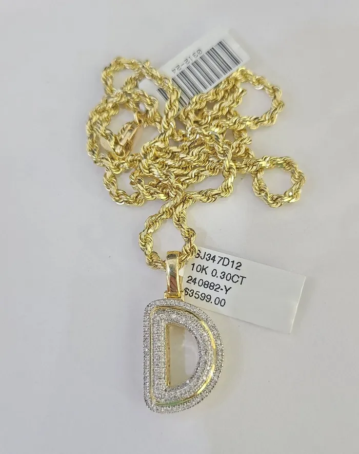 Gold and Diamond Necklaces 10k 3mm Rope Solid Chain D Diamond Pendant Alphabet 1828 Gold Charm Necklace