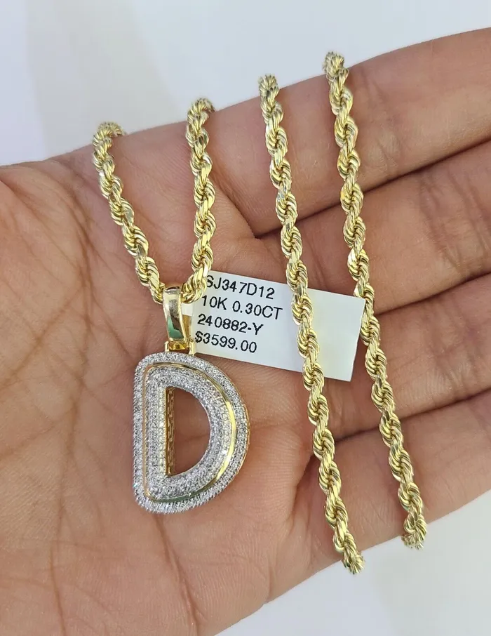 Gold and Diamond Necklaces 10k 3mm Rope Solid Chain D Diamond Pendant Alphabet 1828 Gold Charm Necklace
