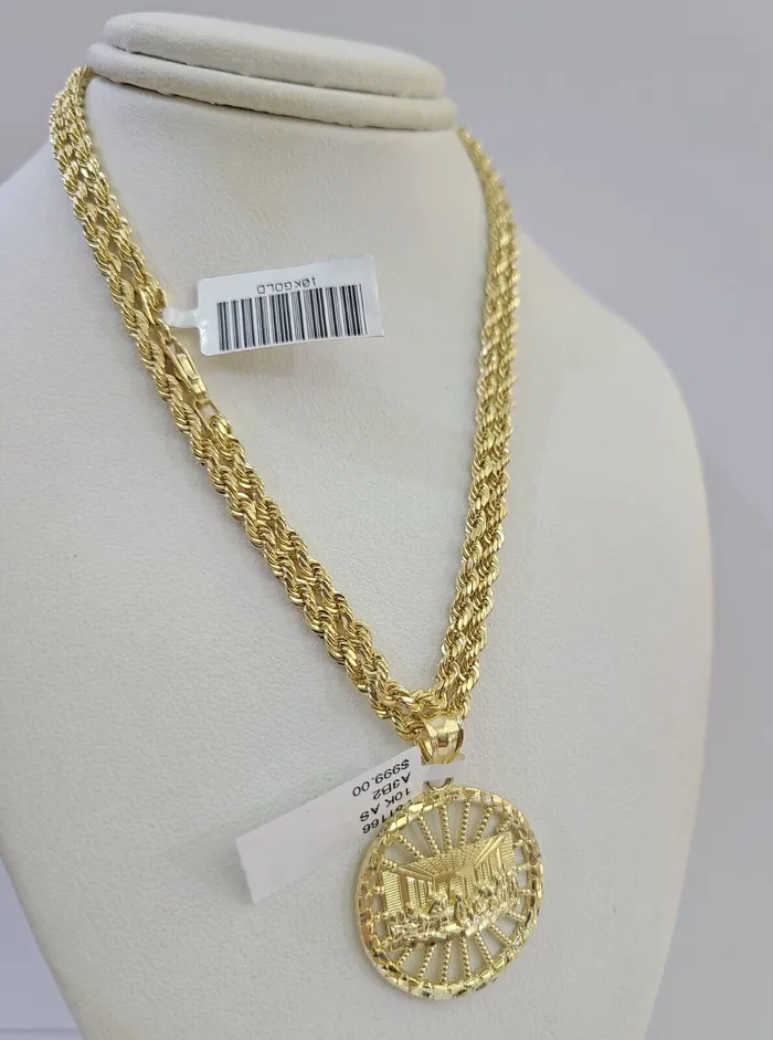 Gold and Diamond Necklaces 10k Gold Rope Chain Last Supper Charm Pendent SET 3mm 22 Inches Necklace