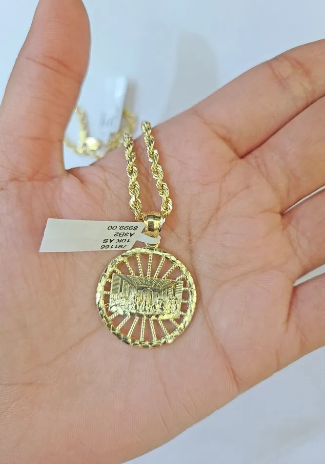 Gold and Diamond Necklaces 10k Gold Rope Chain Last Supper Charm Pendent SET 3mm 22 Inches Necklace