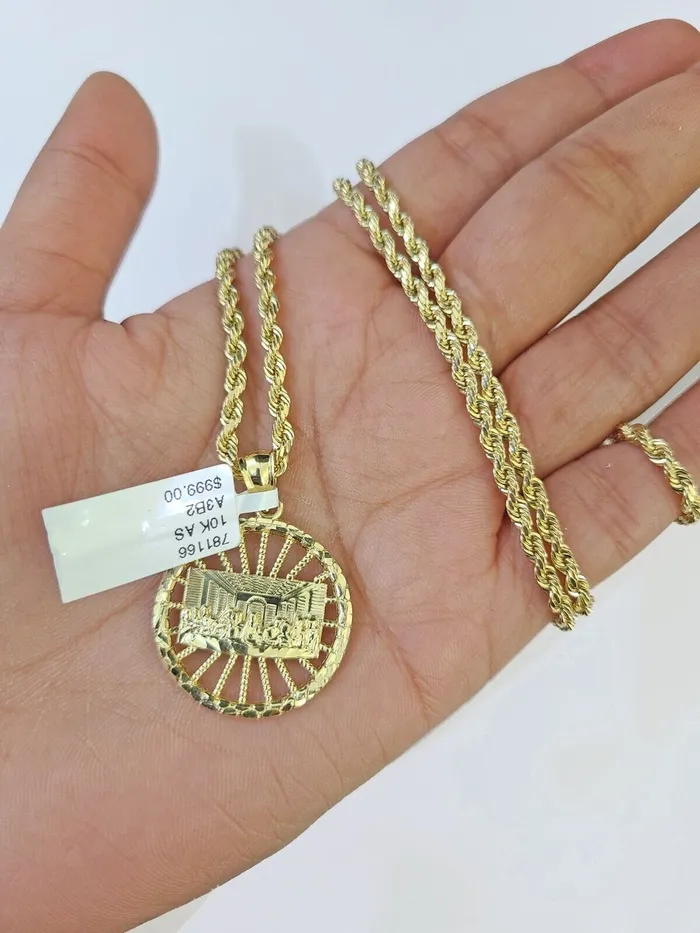 Gold and Diamond Necklaces 10k Gold Rope Chain Last Supper Charm Pendent SET 3mm 22 Inches Necklace