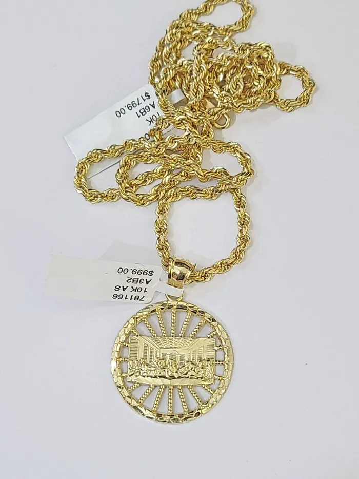 Gold and Diamond Necklaces 10k Gold Rope Chain Last Supper Charm Pendent SET 3mm 22 Inches Necklace