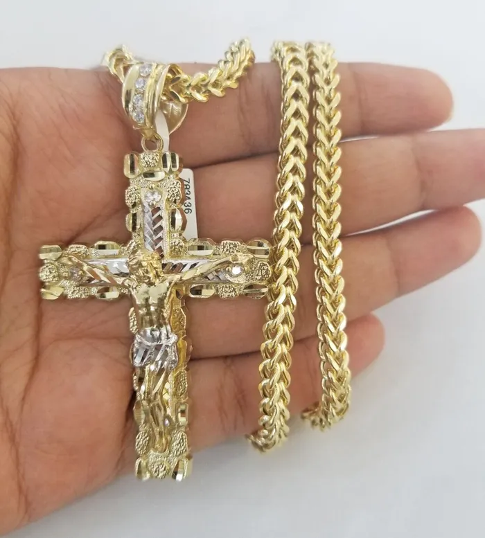 Gold and Diamond Necklaces Real 10k Gold Nugget Cross Pendant Franco Necklace 4mm 24 Chain Charm SET 10kt Gold and Diamond Necklaces Real 10k Gold Nugget Cross Pendant Franco Necklace 4mm 24 Chain Charm SET 10kt