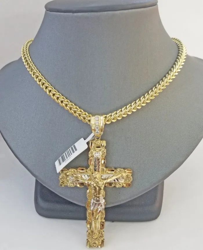 Gold and Diamond Necklaces Real 10k Gold Nugget Cross Pendant Franco Necklace 4mm 24 Chain Charm SET 10kt