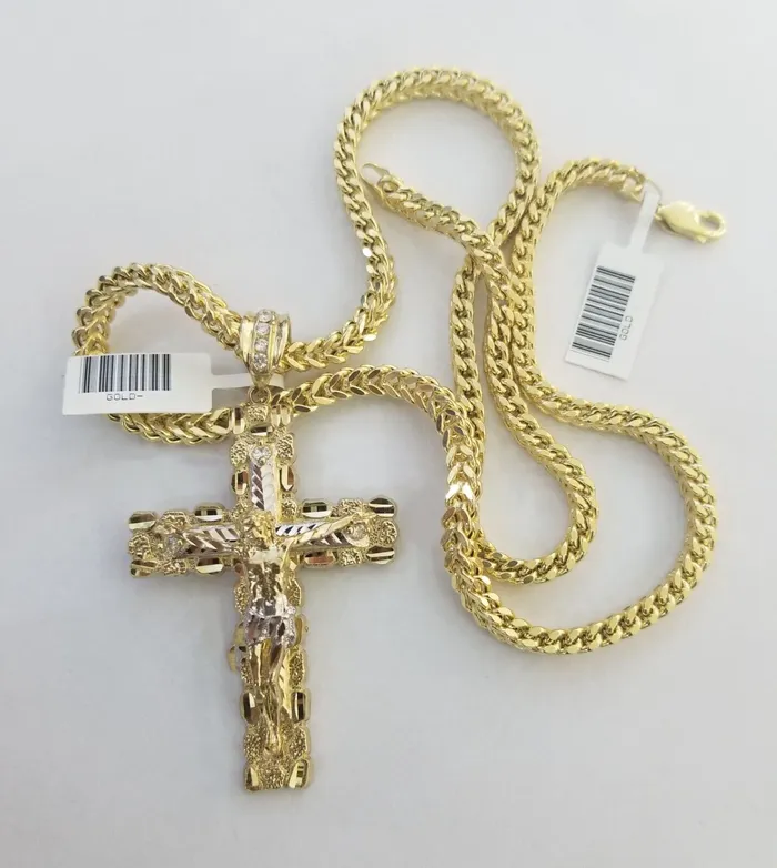 Gold and Diamond Necklaces Real 10k Gold Nugget Cross Pendant Franco Necklace 4mm 24 Chain Charm SET 10kt