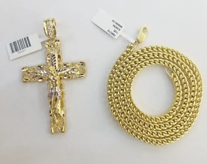 Gold and Diamond Necklaces Real 10k Gold Nugget Cross Pendant Franco Necklace 4mm 24 Chain Charm SET 10kt