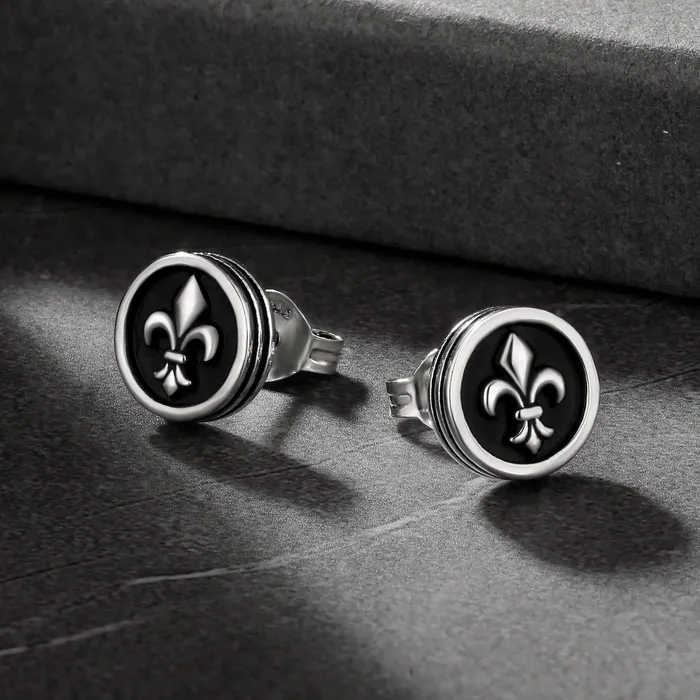 KRKC Earrings 9mm Black Stud Earrings Fleurdelis Lily flower