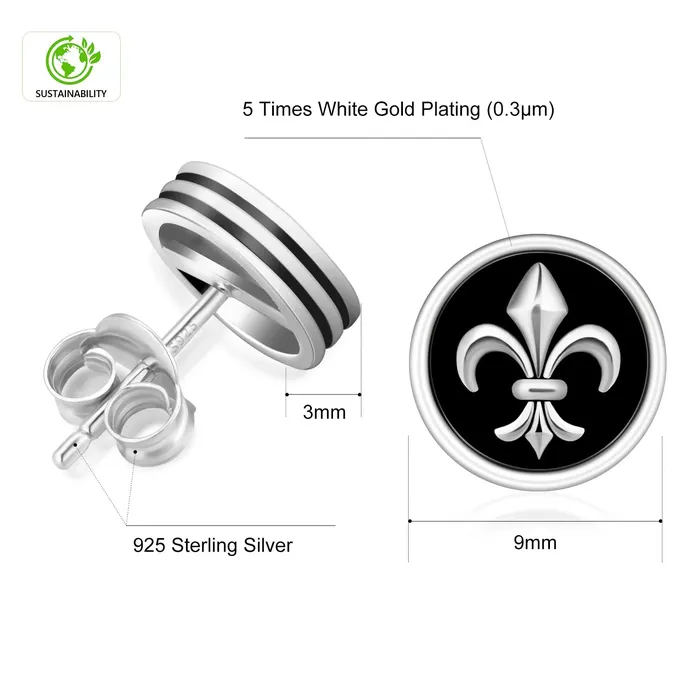 KRKC Earrings 9mm Black Stud Earrings Fleurdelis Lily flower