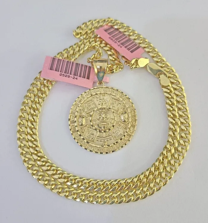 Necklaces Gold and Diamond 14k Chain Mayan Calendar Charm Set Miami Cuban Link 5mm 1830 Necklace Pendant Necklaces Gold and Diamond 14k Chain Mayan Calendar Charm Set Miami Cuban Link 5mm 1830 Necklace Pendant