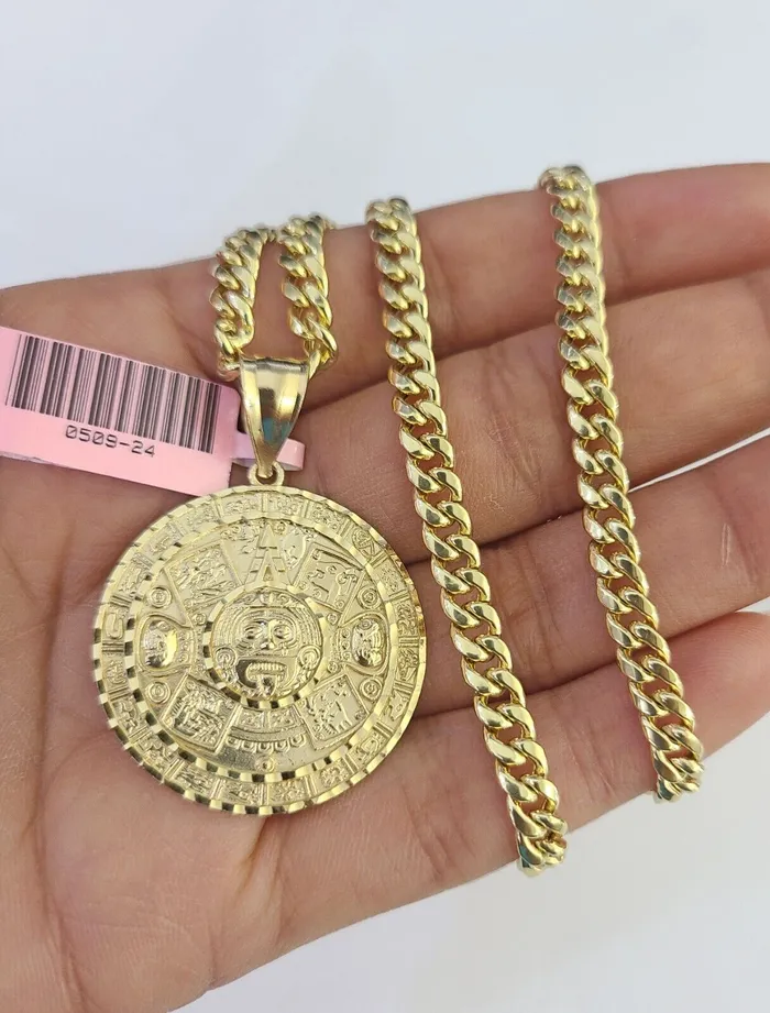 Necklaces Gold and Diamond 14k Chain Mayan Calendar Charm Set Miami Cuban Link 5mm 1830 Necklace Pendant
