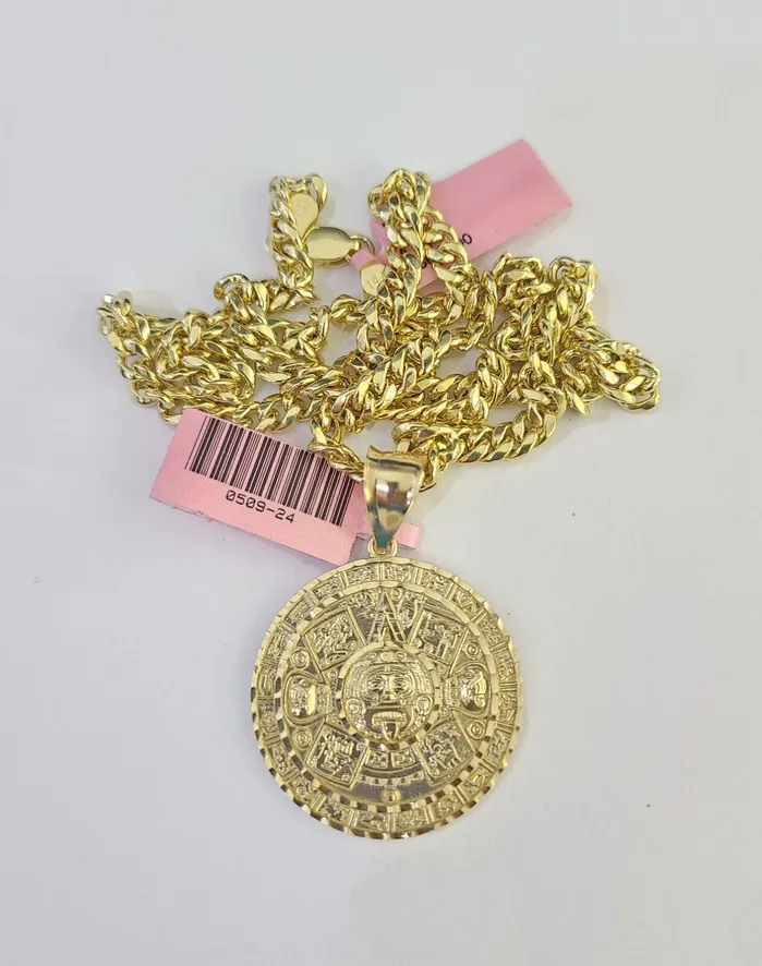 Necklaces Gold and Diamond 14k Chain Mayan Calendar Charm Set Miami Cuban Link 5mm 1830 Necklace Pendant