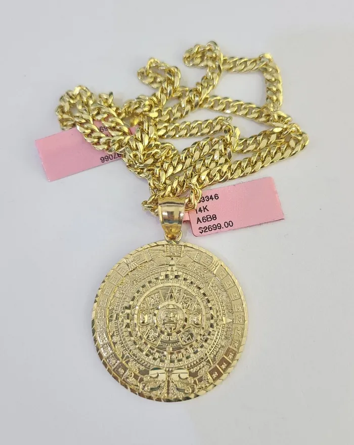 Necklaces Gold and Diamond 14k Chain Mayan Calendar Charm Set Miami Cuban Link 5mm 1830 Necklace Pendant