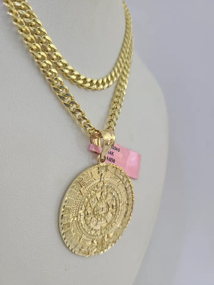 Necklaces Gold and Diamond 14k Chain Mayan Calendar Charm Set Miami Cuban Link 5mm 1830 Necklace Pendant