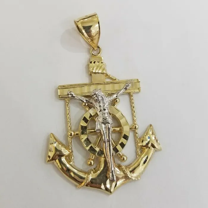 Necklaces Gold and Diamond REAL 14k Gold Charm Jesus Anchor Cross Ankh Pendant Diamond Cut Yellow Men Women