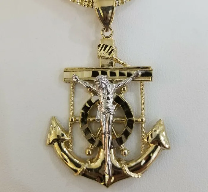 Necklaces Gold and Diamond REAL 14k Gold Charm Jesus Anchor Cross Ankh Pendant Diamond Cut Yellow Men Women