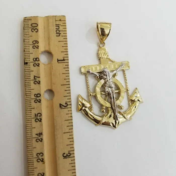 Necklaces Gold and Diamond REAL 14k Gold Charm Jesus Anchor Cross Ankh Pendant Diamond Cut Yellow Men Women