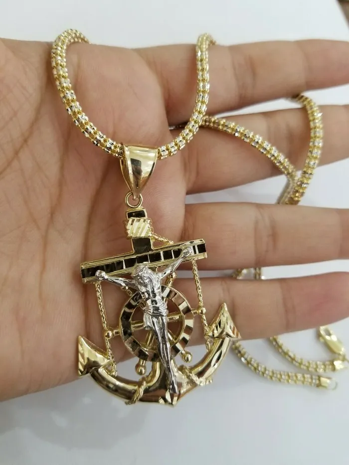 Necklaces Gold and Diamond REAL 14k Gold Charm Jesus Anchor Cross Ankh Pendant Diamond Cut Yellow Men Women