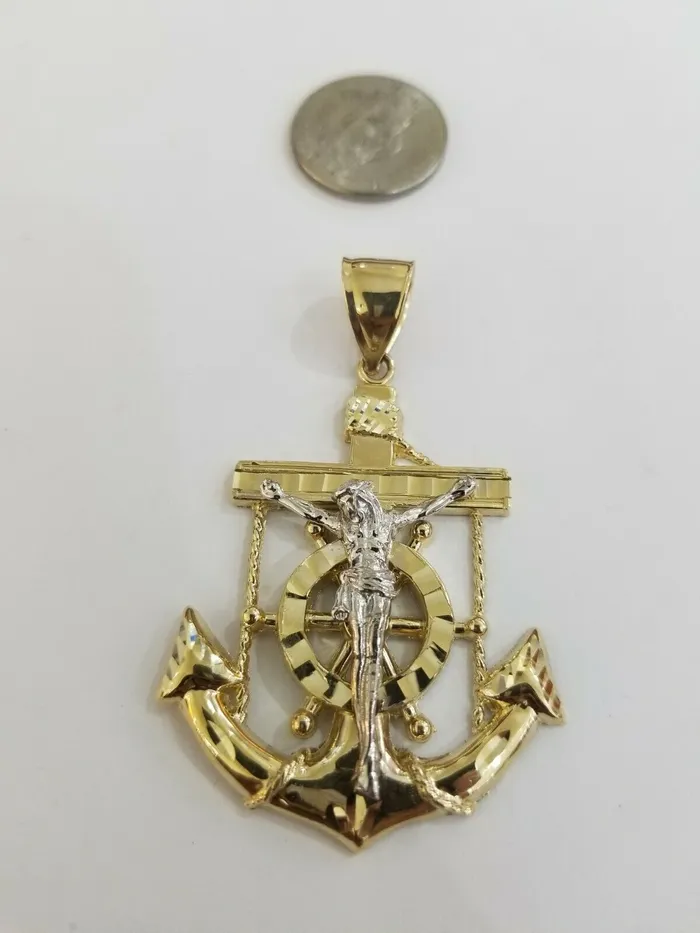 Necklaces Gold and Diamond REAL 14k Gold Charm Jesus Anchor Cross Ankh Pendant Diamond Cut Yellow Men Women