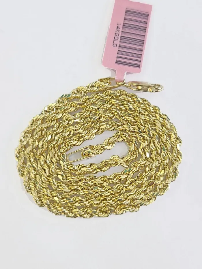 Necklaces Gold and Diamond Real 14k Yellow Gold Rope Chain 3mm 24 Inches Ladies Necklace Necklaces Gold and Diamond Real 14k Yellow Gold Rope Chain 3mm 24 Inches Ladies Necklace