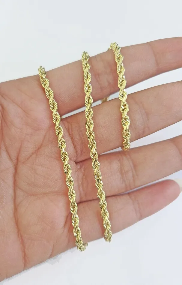 Necklaces Gold and Diamond Real 14k Yellow Gold Rope Chain 3mm 24 Inches Ladies Necklace