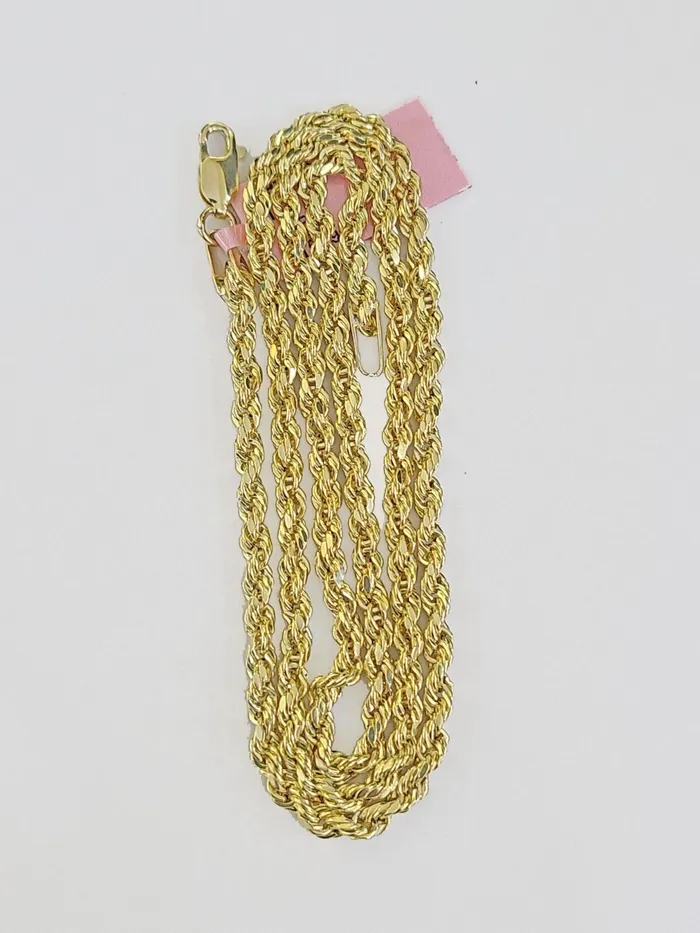 Necklaces Gold and Diamond Real 14k Yellow Gold Rope Chain 3mm 24 Inches Ladies Necklace
