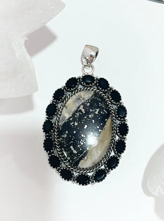Necklaces Sophiareneboutiquecom Sterling Silver Slate PyriteFaceted Onyx Oval Cluster Pendant
