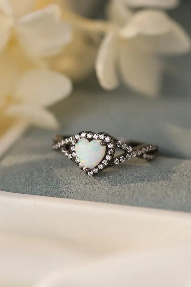 Opal Heart Black GoldPlated Ring Trendsi Rings