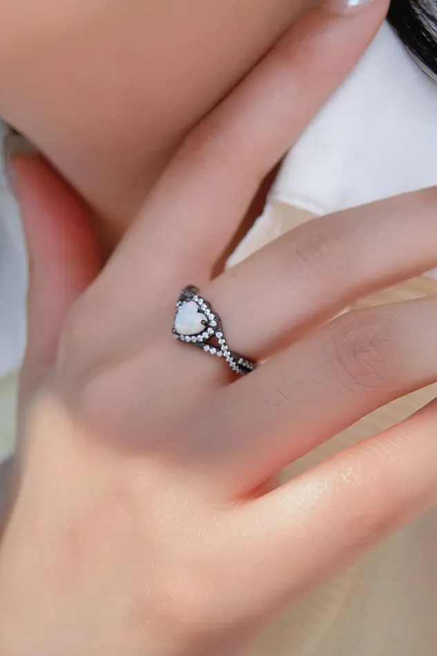 Opal Heart Black GoldPlated Ring Trendsi Rings