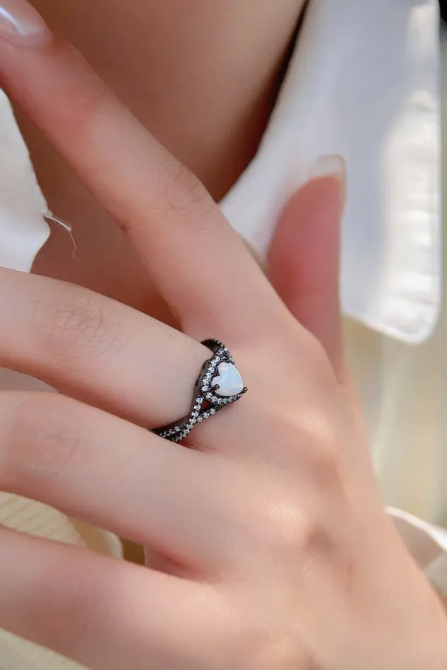 Opal Heart Black GoldPlated Ring Trendsi Rings