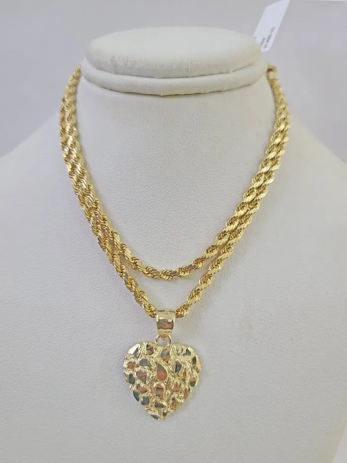 Real 10k Rope Chain Nugget Heart Charm Pendant SET Necklace 3mm 1824 Ladies Gold and Diamond Necklaces Real 10k Rope Chain Nugget Heart Charm Pendant SET Necklace 3mm 1824 Ladies Gold and Diamond Necklaces