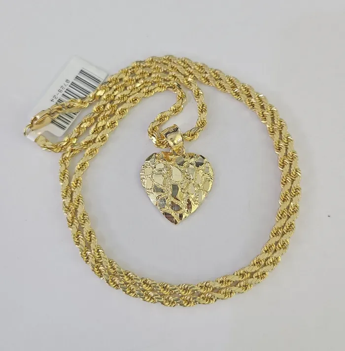 Real 10k Rope Chain Nugget Heart Charm Pendant SET Necklace 3mm 1824 Ladies Gold and Diamond Necklaces