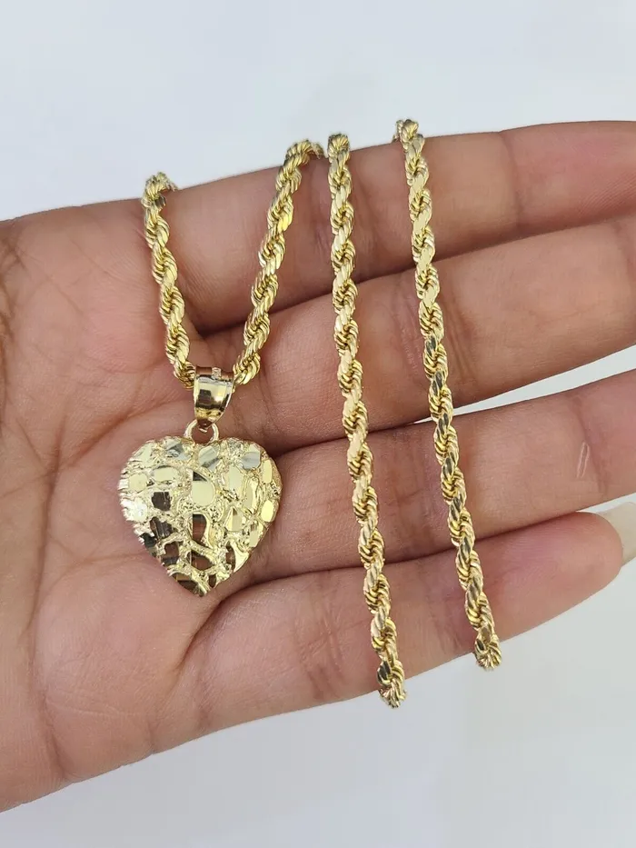 Real 10k Rope Chain Nugget Heart Charm Pendant SET Necklace 3mm 1824 Ladies Gold and Diamond Necklaces