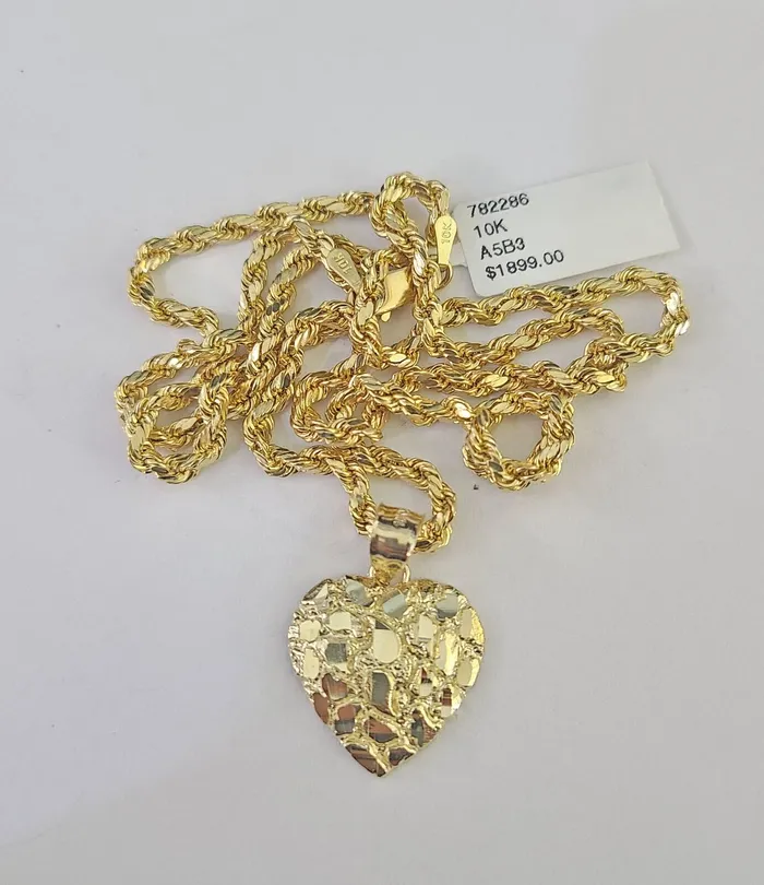 Real 10k Rope Chain Nugget Heart Charm Pendant SET Necklace 3mm 1824 Ladies Gold and Diamond Necklaces
