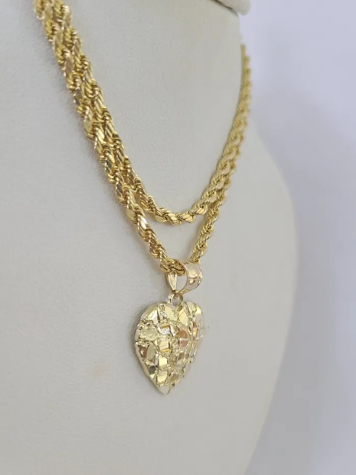 Real 10k Rope Chain Nugget Heart Charm Pendant SET Necklace 3mm 1824 Ladies Gold and Diamond Necklaces