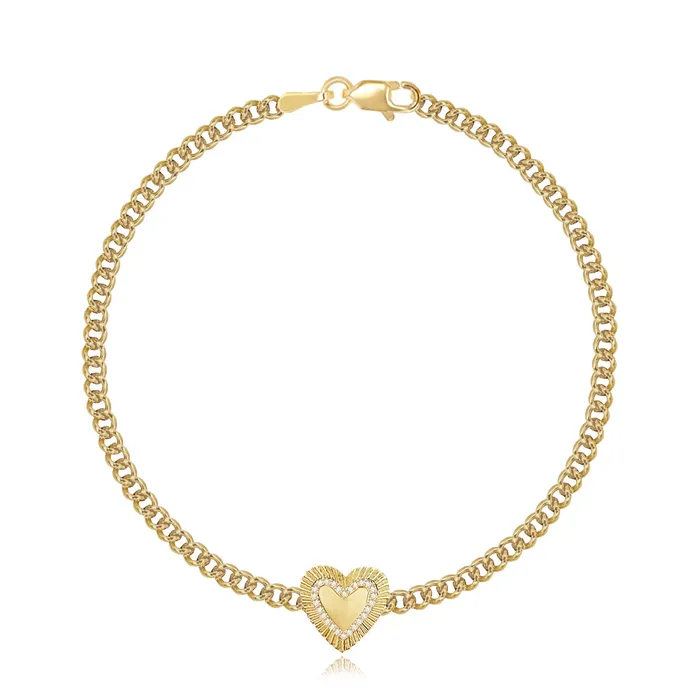 Alev Collection Fluted Pave Outline Heart Cuban Bracelet Bracelets