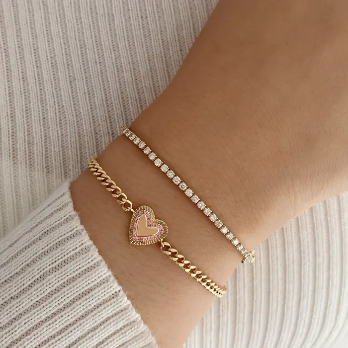 Alev Collection Fluted Pave Outline Heart Cuban Bracelet Bracelets